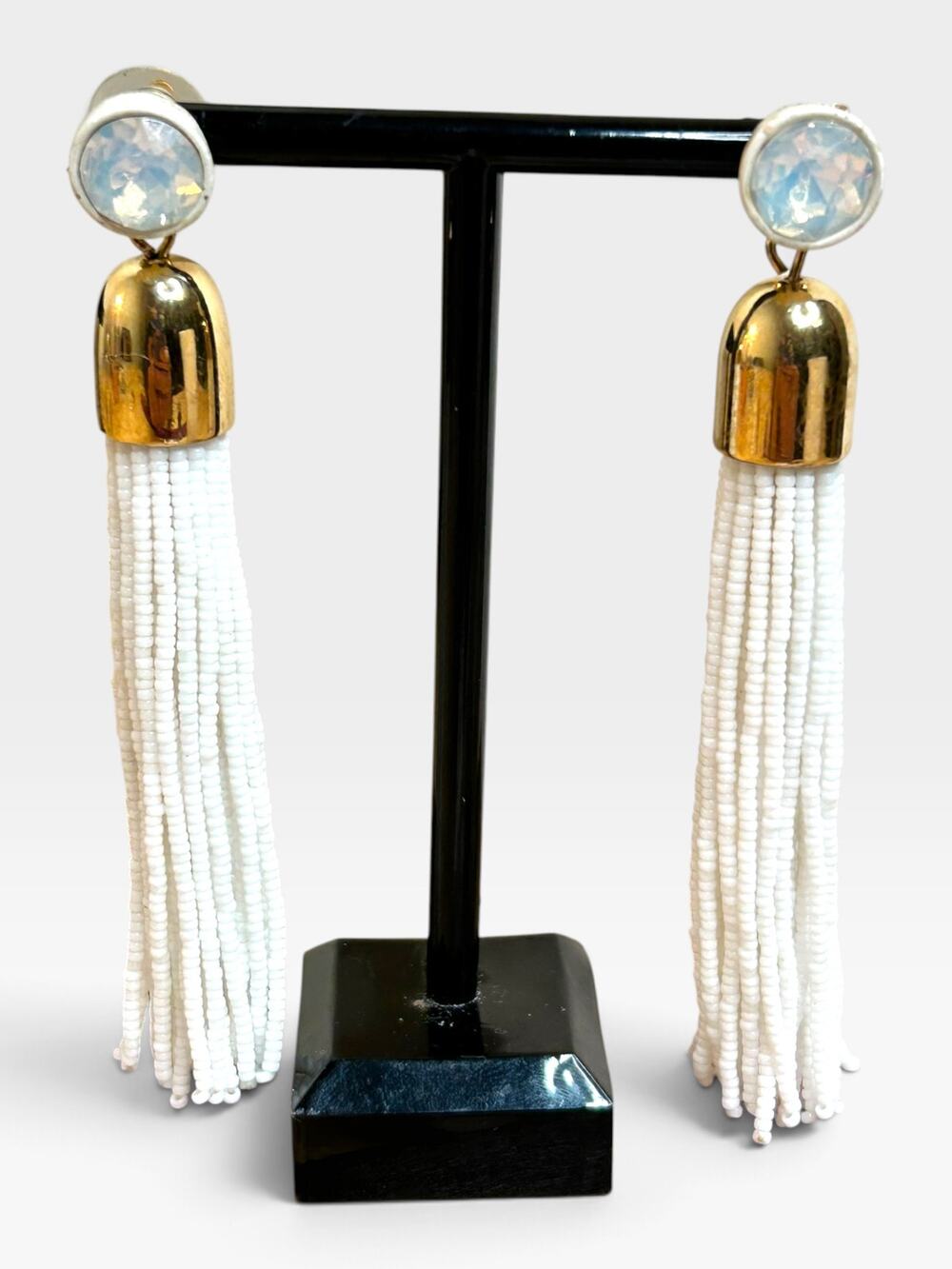 J.Crew White Beaded Tassel Earrings Gold Cap Milky Stone Stud Statement Boho